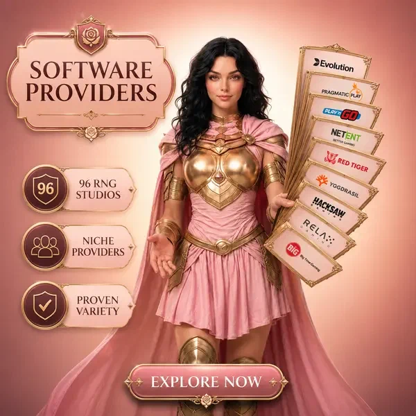 Rose Knight proudly presenting software providers at Spin Sahara with fanned game tiles